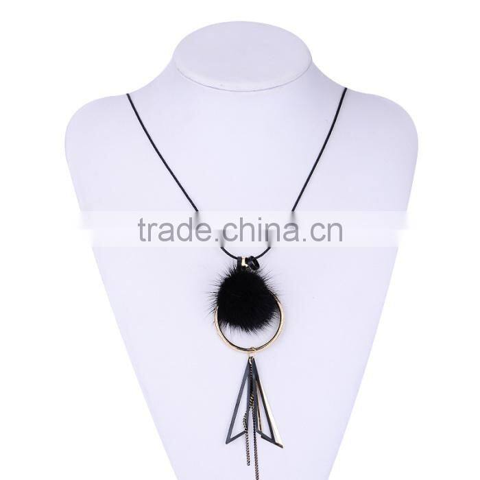 mink fur ball hoop triangle pendant necklace hot selling geometric necklace