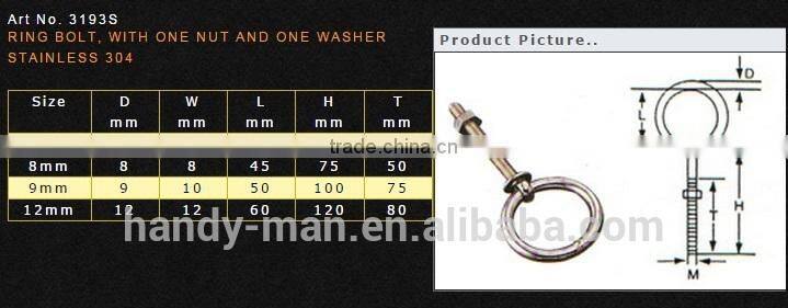 Hardware accessory Stainless Steel 304 Ring Bolt With One Nut and One Washer