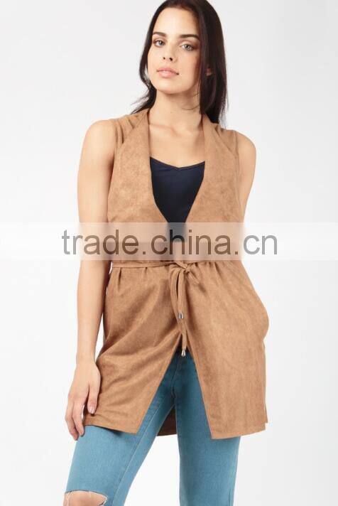 Designer Sleeveless Jackets Trendy Suedette Roll Neck High Waist Sleeveless Jacket Ladies For Outdoor Casual Wear