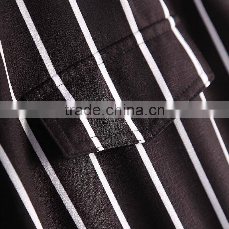 Women fashion short sleeve white and black stripes printing button down loose legging casual romper jumpsuit