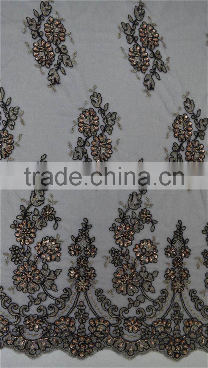 Guangzhou african embroidery on net beaded sequined lace fabric