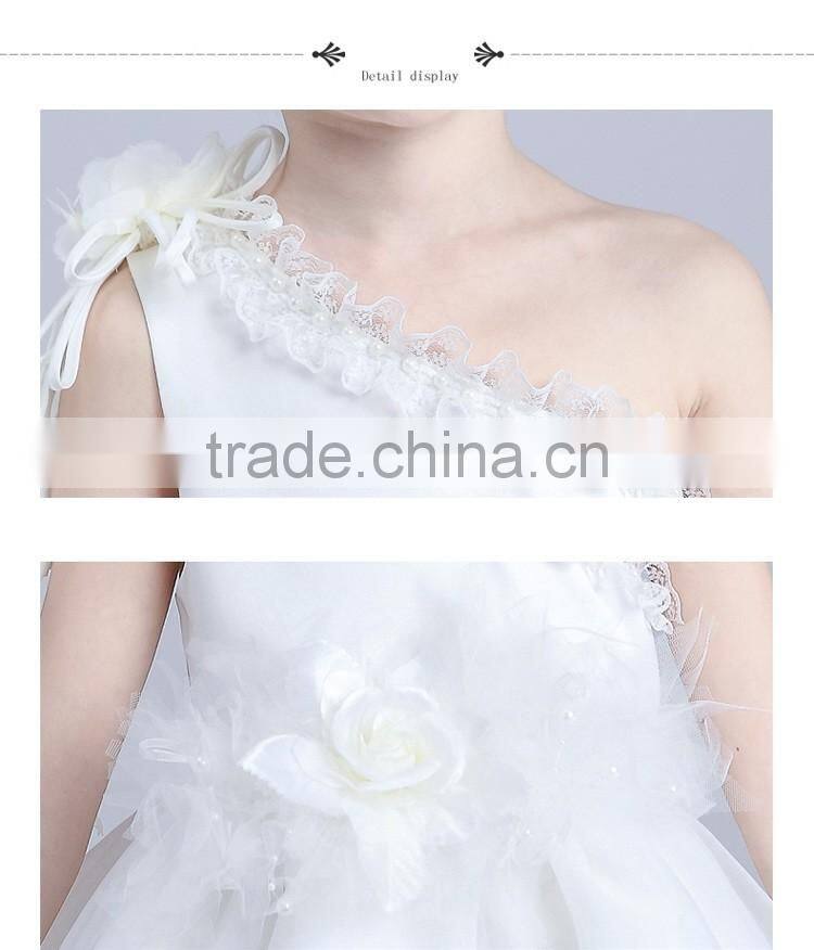 2017 wholesale children one sleeve shoulder dress flowers slashes dresses