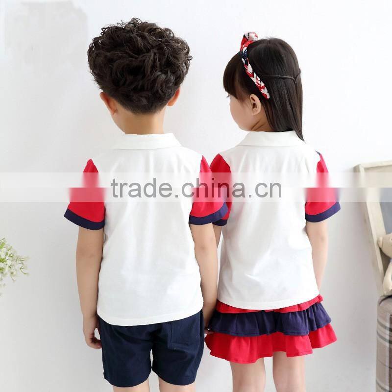 China Wholesale Boys and Girls Customised Cotton Summer school uniform design with pictures short sleeves T-shirts trouser skirt