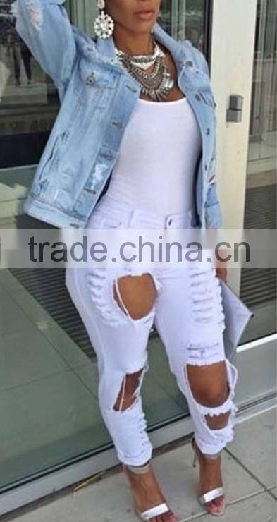 2016 women pants Ladies Casual white and black with waist-length Ripped distressed female jeans