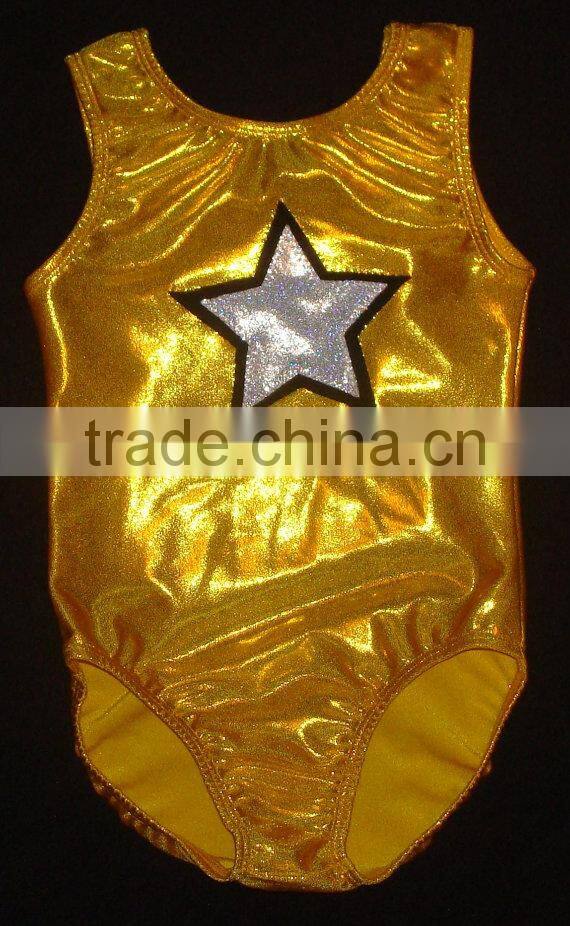 girls leotard gymnastics in sunshine yellow Mystique with silver star outlined in black
