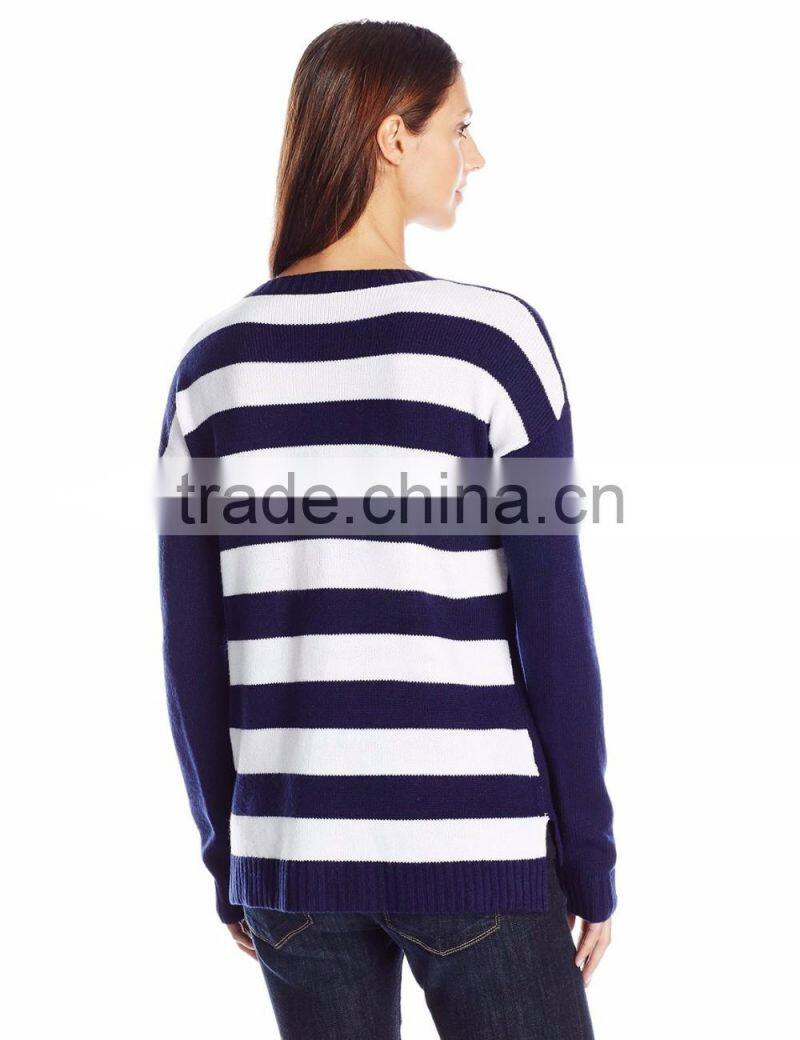 Women White Stripe Blue Sweater 3D Big Belly Santa Pattern Christmas Sweater Knitting Patterns