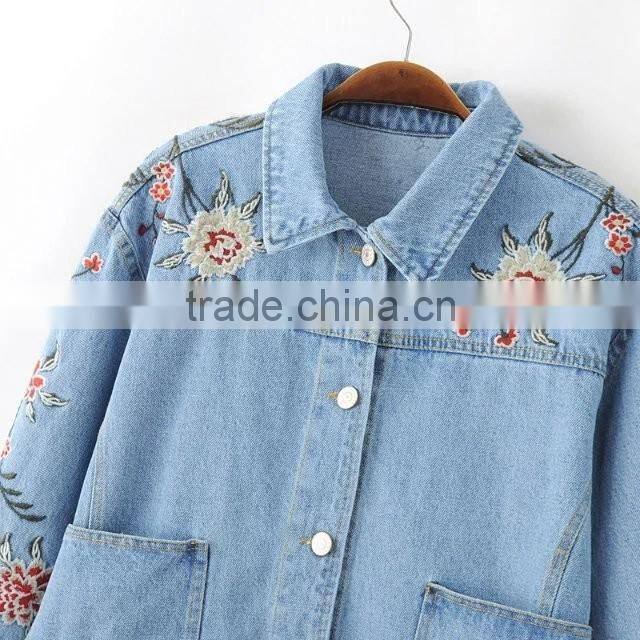 Women's spring rose pattern embroidered washed short tops denim jacket/coat