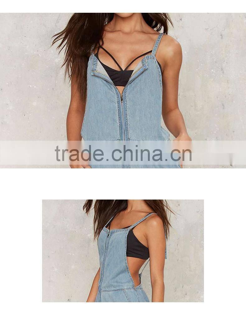 Women's summer casual fashion front zipper straps denim jeans short suspender bib overalls