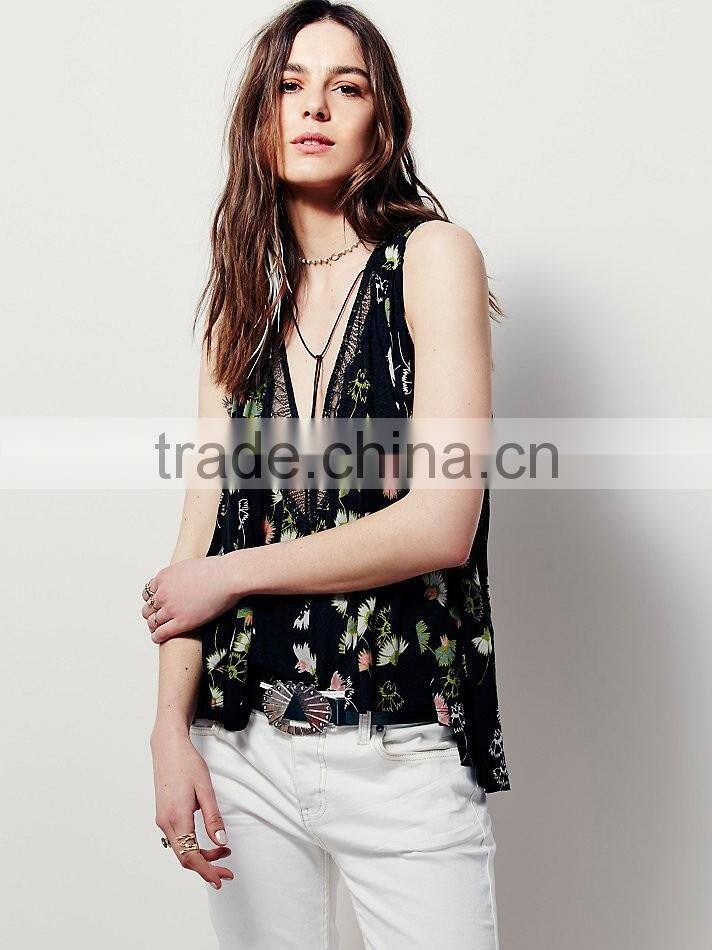 2016 Guangzhou Shandao Brand OEM/ODM Summer Sexy Deep V Neck Printed Loose Sleeveless Chiffon Girls Top Design