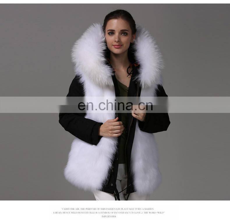 Fashion Women Black Jacket With Raccoon Collar And White Fox Fur Coat
