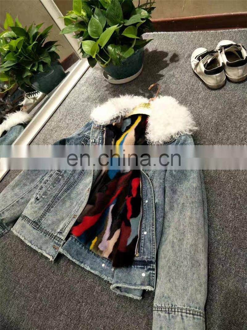 2016 Top Fashion Real Lamb Fur Collar Denim Parka with Hood Women Fur