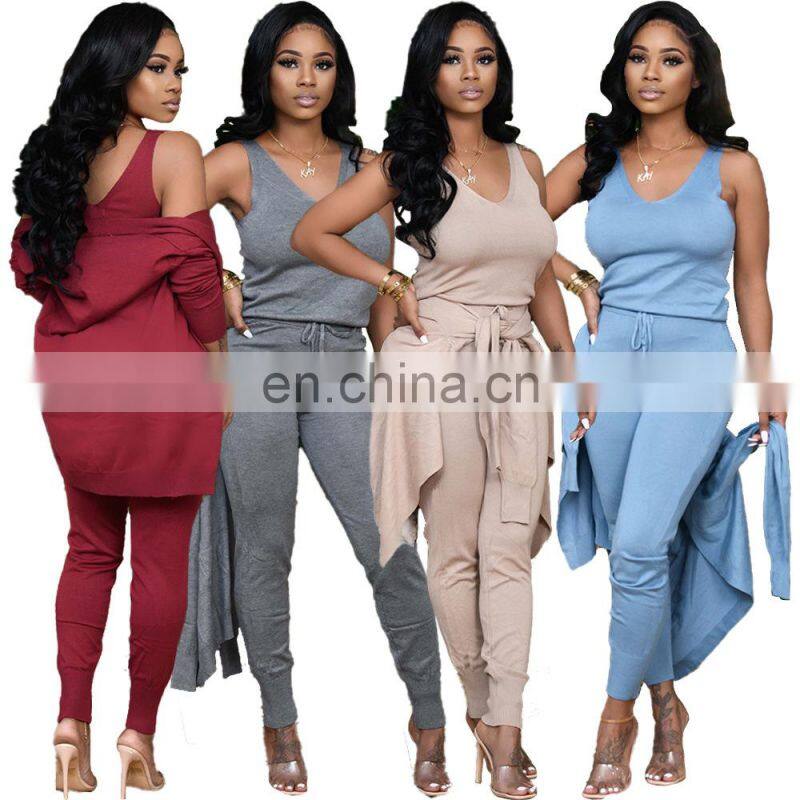 Clothing wholesale custom fashion casual 3-piece sexy sports solid color sleeveless pencil pants suit plus size