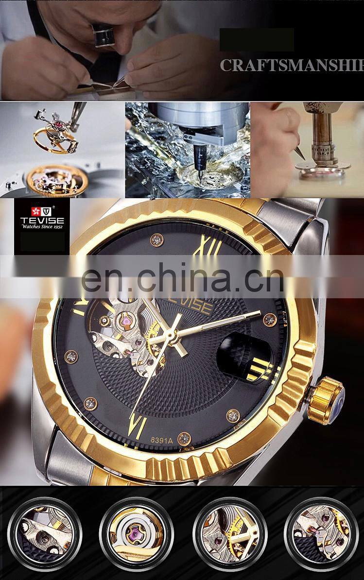 TEVISE 8391A Full Steel Wristwatch Man Skeleton Self-Wind Mechanical Watches Men