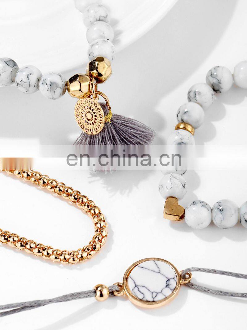 4pcs/Set Bohemian Stone beads chains bracelets Set For Women Metal Heart Round Tassel charm Bangle Fashion Jewelry