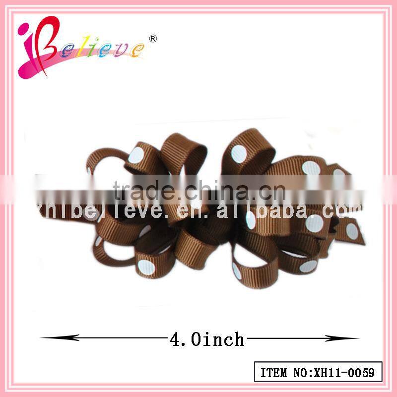 Promotion price good quality factory direct sale delicate dot grosgrain 4.0 inch frizzy ribbon bow hair barrette (XH11-0059)