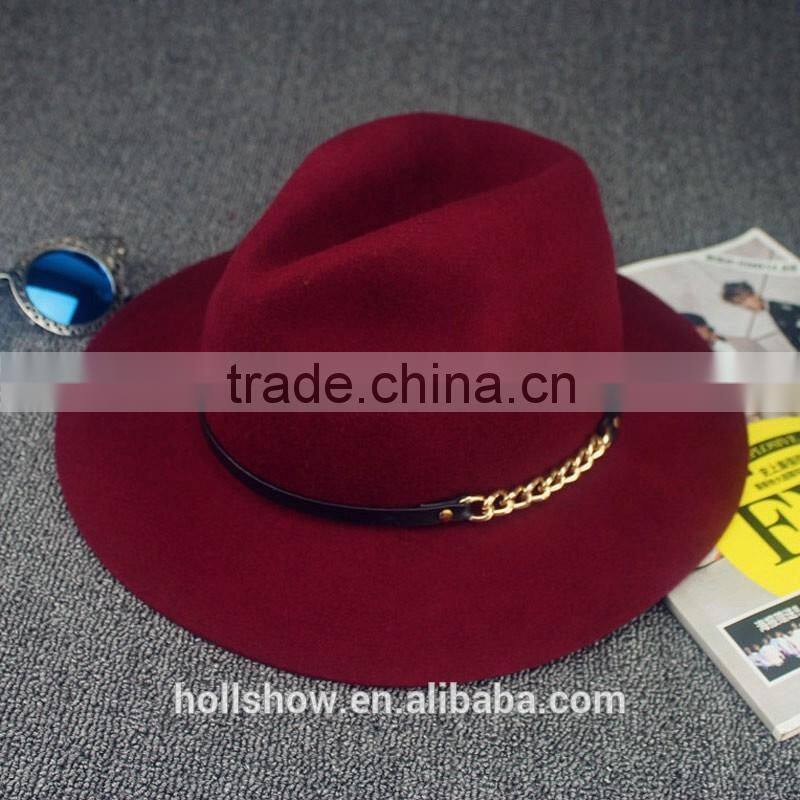 Link Chain Ribbon Decorated Wide Brim Jaz Vintage Wool Felt Man Fedora Hat