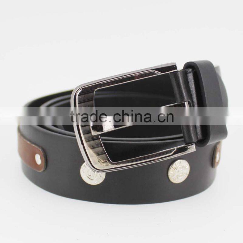 2015 new arrive designer man black PU leather belt for jeans with shiny metal rivet accessories