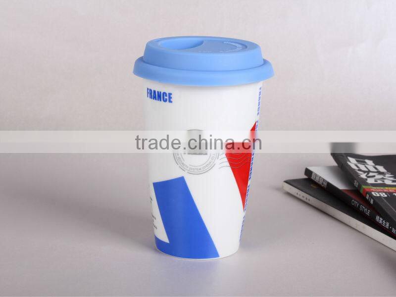Flag ceramic coffee cup with food grade silicone lid high quality but low price wholesale