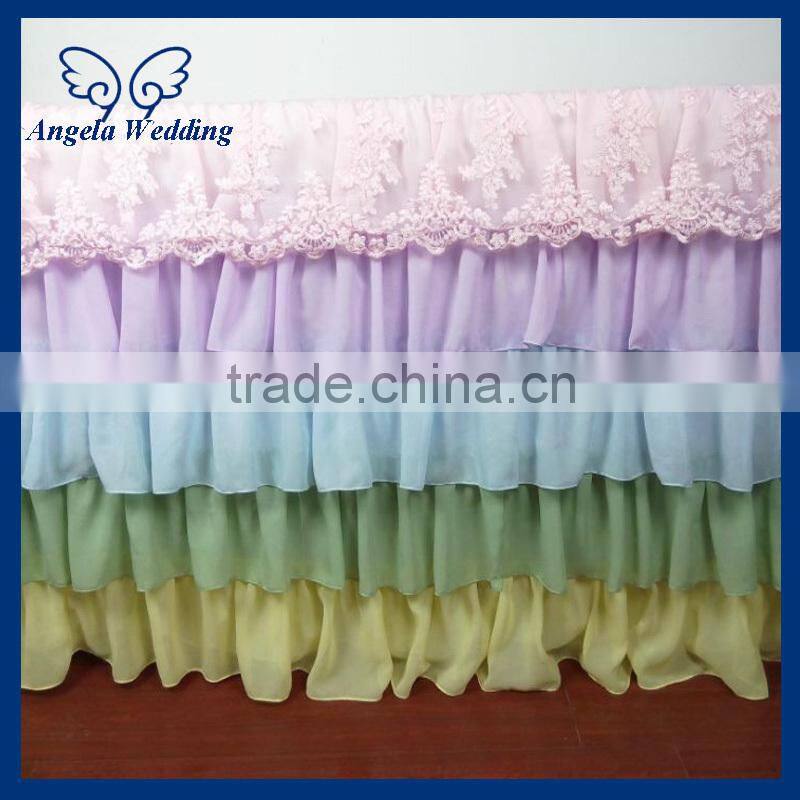 SK009A New 2015 five tiered ruffled pleated christmas steps in party purple and green table skirt