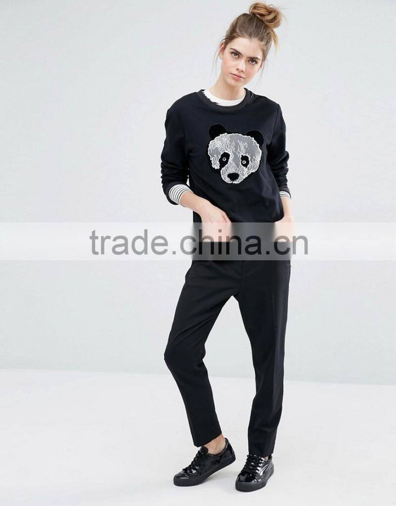 high quality with stripe on the right hem women 100% cotton blcak casual panda hoodies