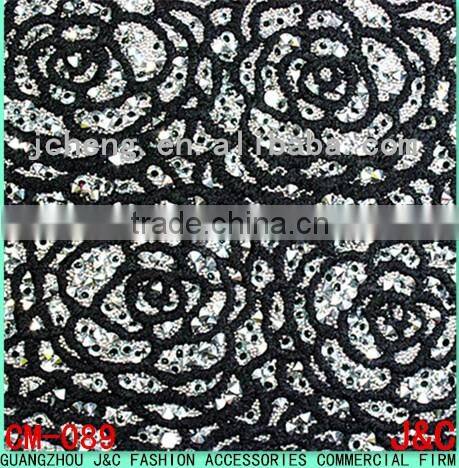 2016 new black color rose flower shaped lace hot fix crystal rhinestone mesh