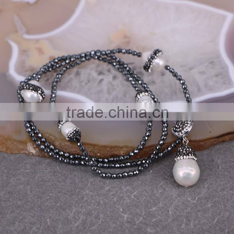 Natural Gem Pearl Necklace, with 3mm Hematite Beads Necklace, Drop Pearl Pendant Charm, Druzy Fashion Gemstone Necklace