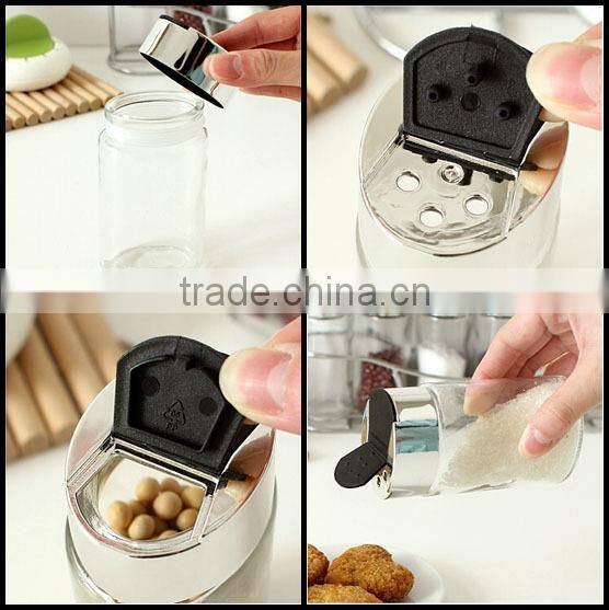 Glass salt shaker bottle set with metal stand