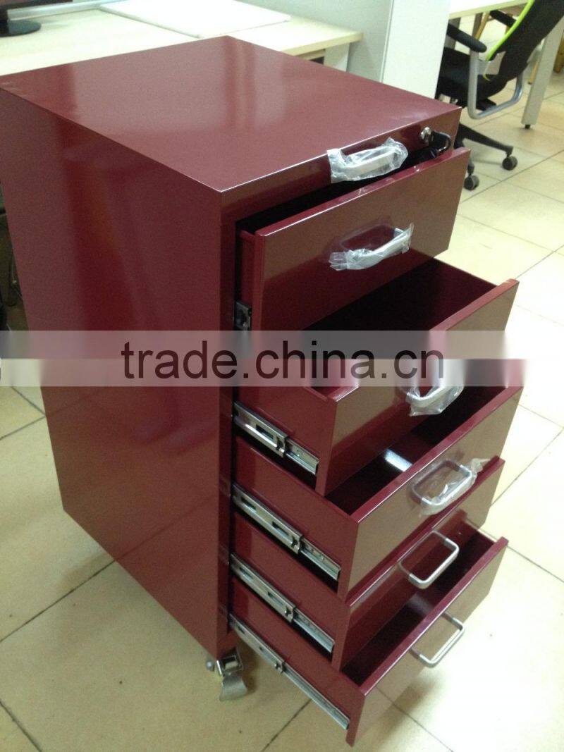 Red metal mobile pedestal with wheels cashier cabinet