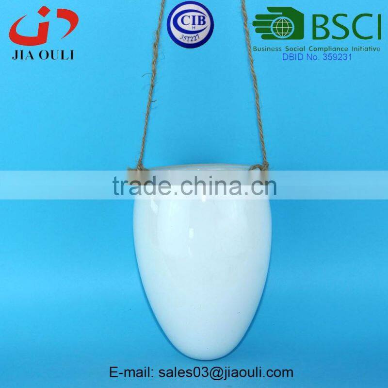 BSCI Audit Factory handle shape ceramic hanging basket planter, plant pot stand with hanger