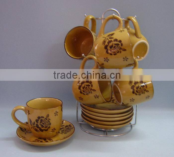 Hand printing rose flowers ceramic coffee mug sets with rack