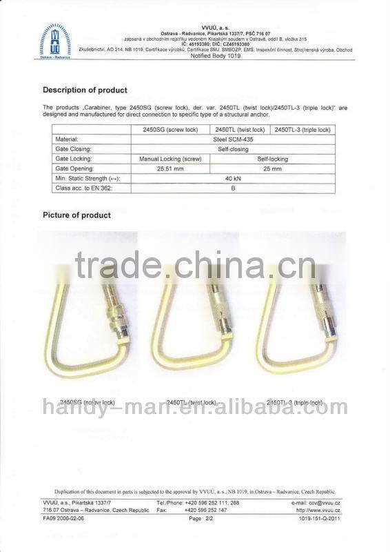 2450SG CE EN362 Steel Scaffolding Screw Gate Safety Carabiner