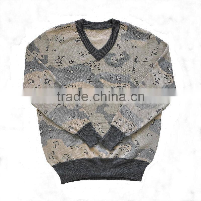 V-neck wool acrylic mens military pullover with rib neck and cuff; army heavy weight wool sweater