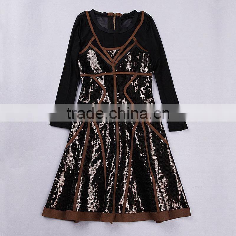 2015 High quality Round neck Long sleeve Knee length Celebrated dress with Mesh