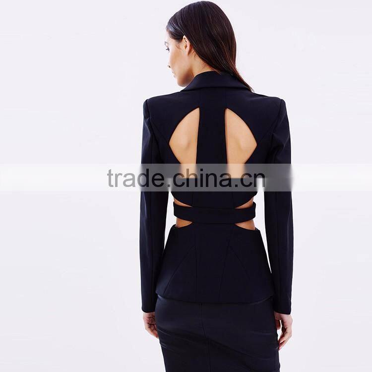 HAODUOYI Women Autumn Fashion Black Coat Women Long Sleeve Hollow Out Blazer Coat