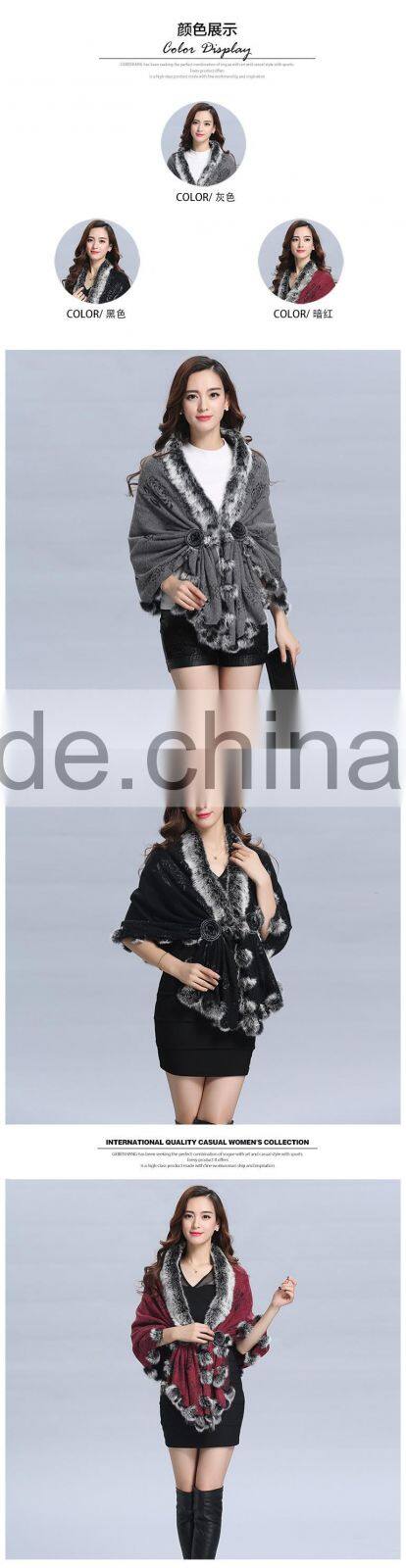 2016 New design Woman knitted shawls with rex rabbit fur poms figure lady cappa