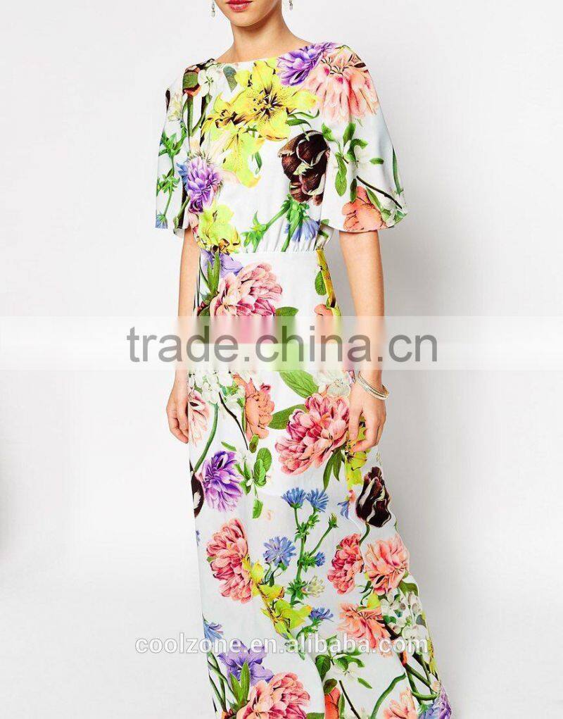 Backless half sleeve floral print maxi dress cheap evening dress