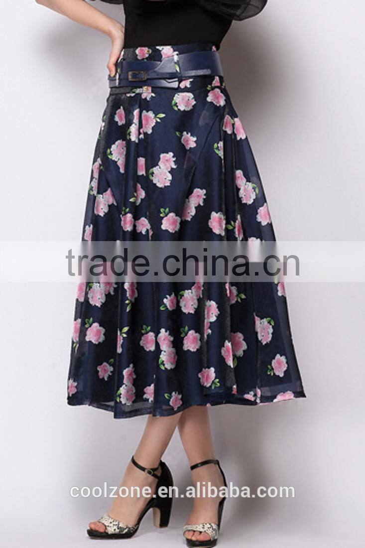 100% Polyester Sweet Floral Midi A-Line Bubble Skirt