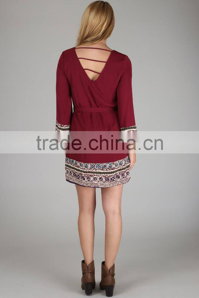 FASHION DRESS PRINTED BORDER SASH TIE DRESS