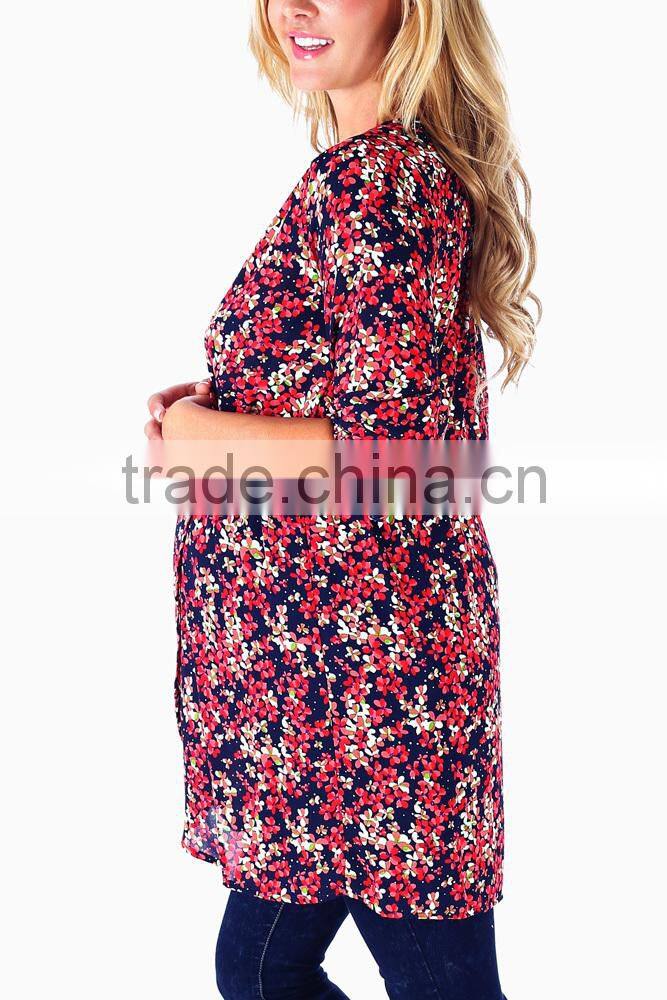 NAVY BLUE RED FLORAL PRINTED CHIFFON MATERNITY/NURSING TUNIC