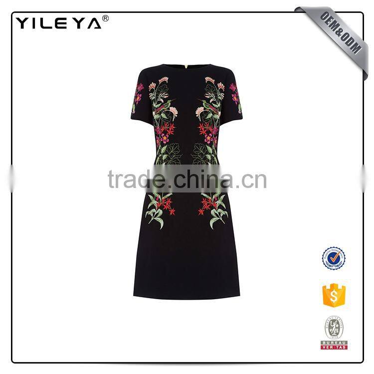 Short sleeve summer women black embroidery dress design