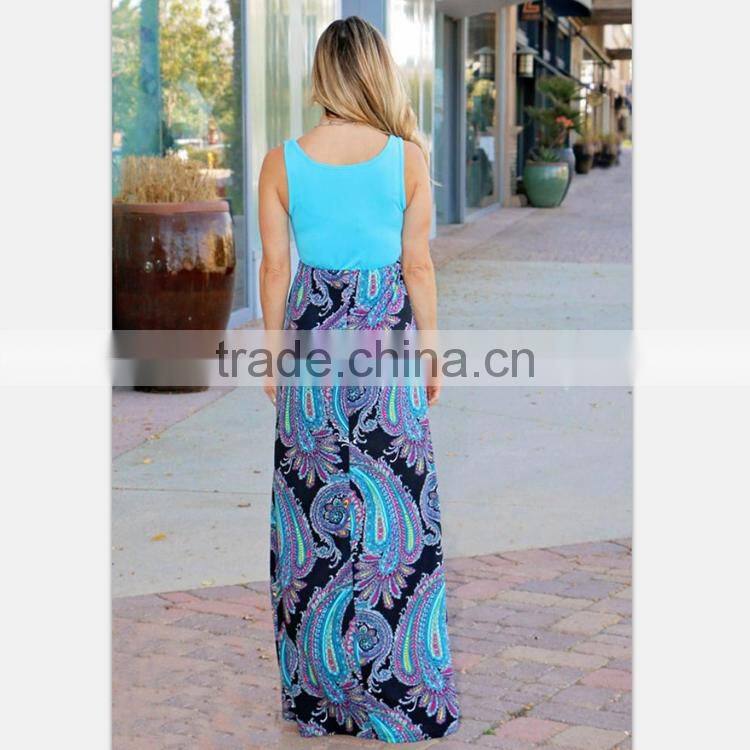 Mom and daughter summer bohemia long dress seelveless blue printing mommy and me outfits