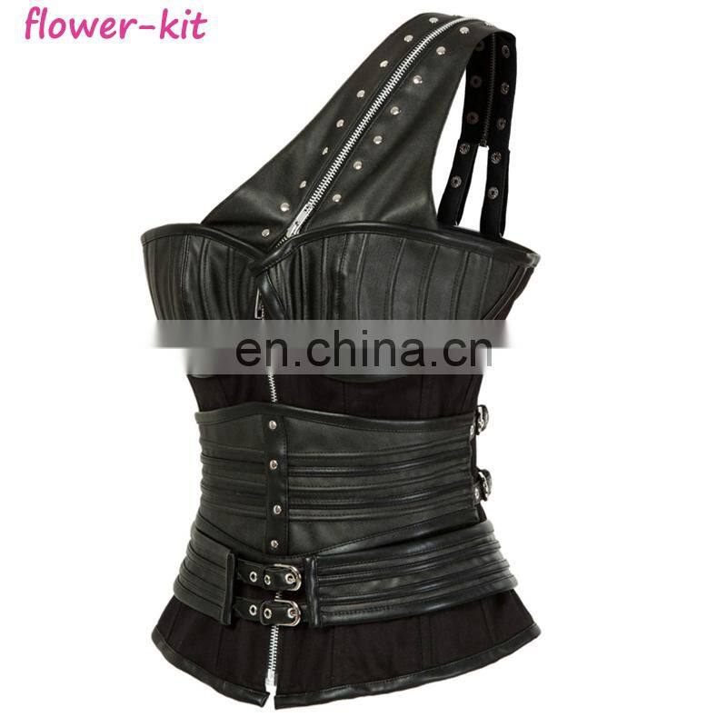 Black Gothic Steampunk Corsets Heavy Steel Bone Armor Burlesque One Shoulder Trainer Bustiers Corset