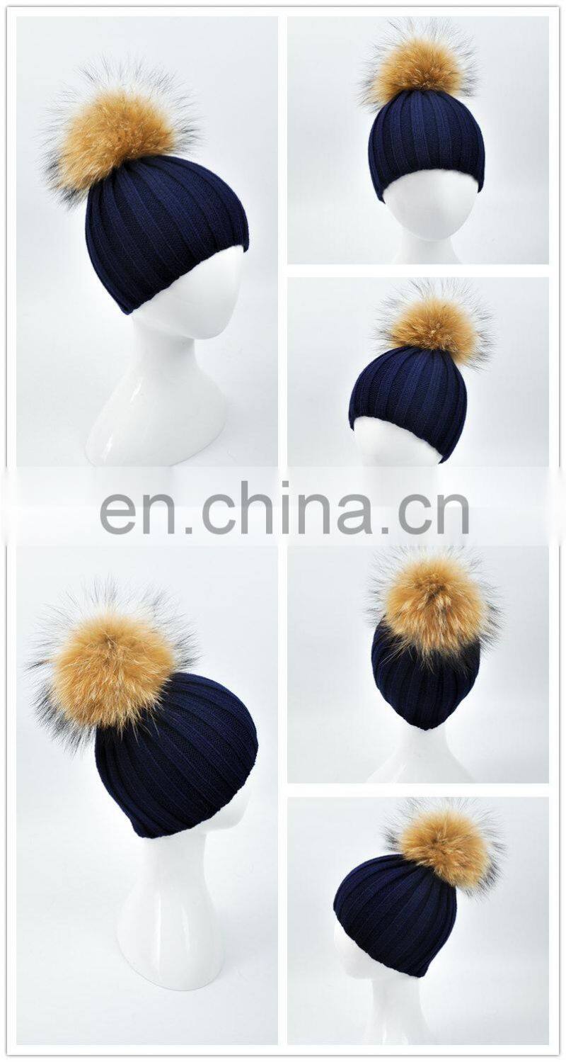 Wholesale New Fashion Hat with Raccoon Fur Ball Hand Knitted Baby Hat