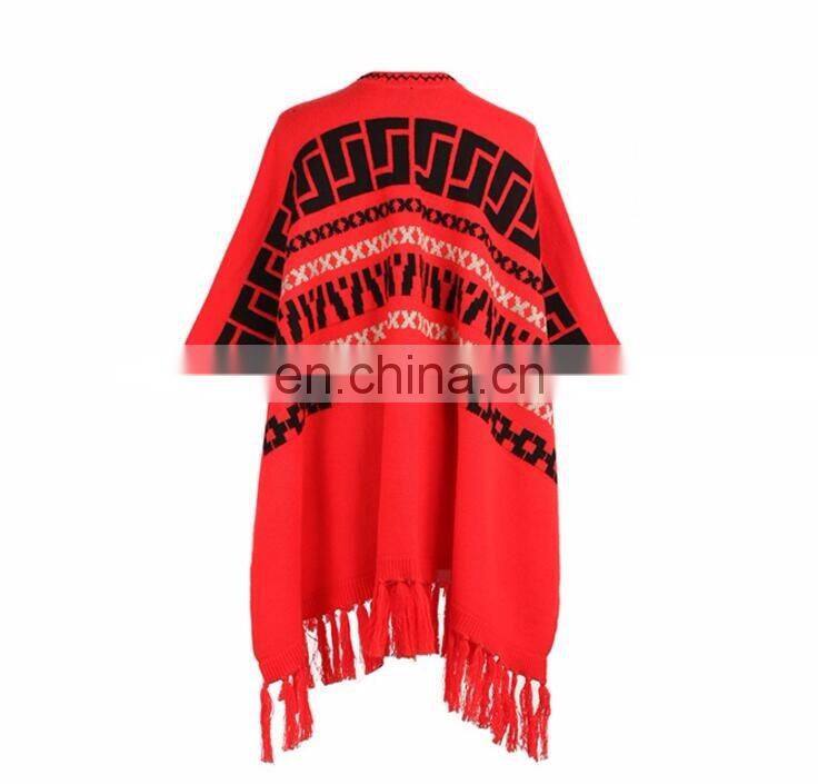 Red color New fashion computer knitted fringe poncho women