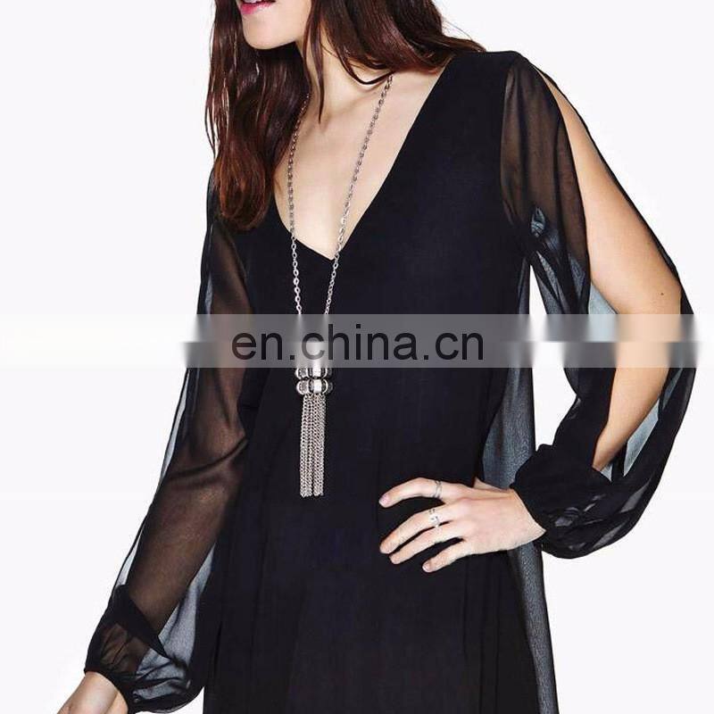 Long sleeves Black sexy back open dress for woman with lace trim