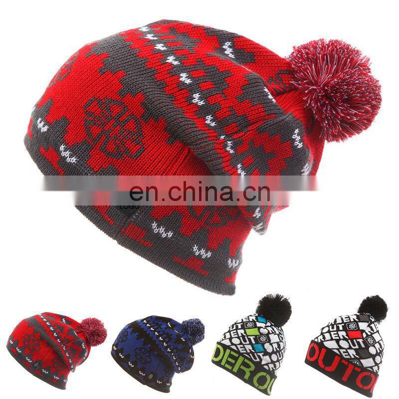 Winter Warm Hat Knitted Cap Crochet Beanies Knitted Pom Pom Hats with logo patch