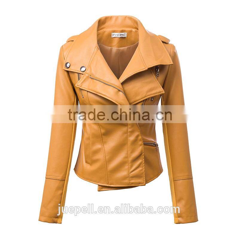 Zippered Faux Leather Moto jacket/ fashion women 's PU leather jacket