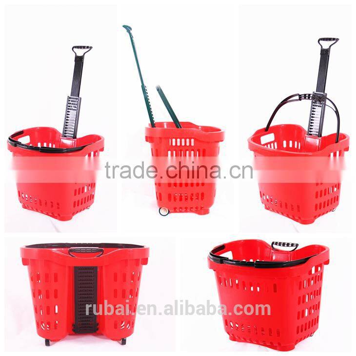 Retail grocery plastic shopping baskets with wheels
