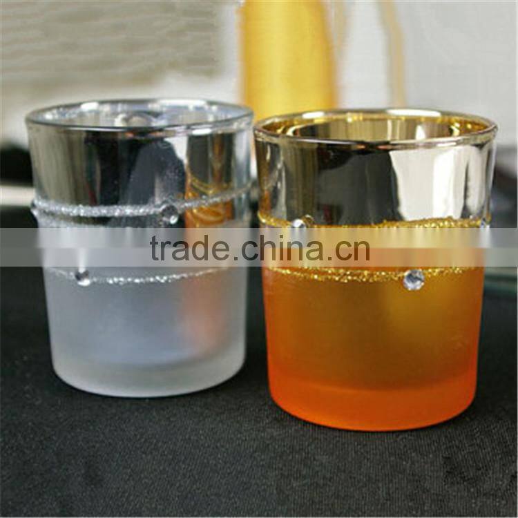 Gold Plated Glass Votive Candle Holders / Votive Cups With Rhinestones For Wedding Decor & Gift