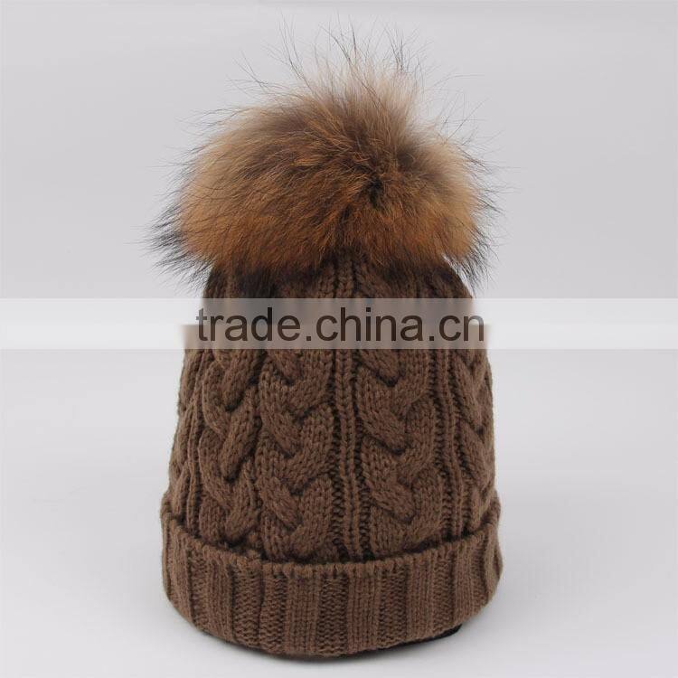 Custom Wool Knitted Racoon Fur Pom Pom Beanie Hat
